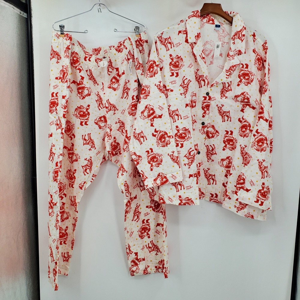 NWT Old Navy Christmas Flannel Pajama Set 4X Santa Reindeer Red White Plus Size